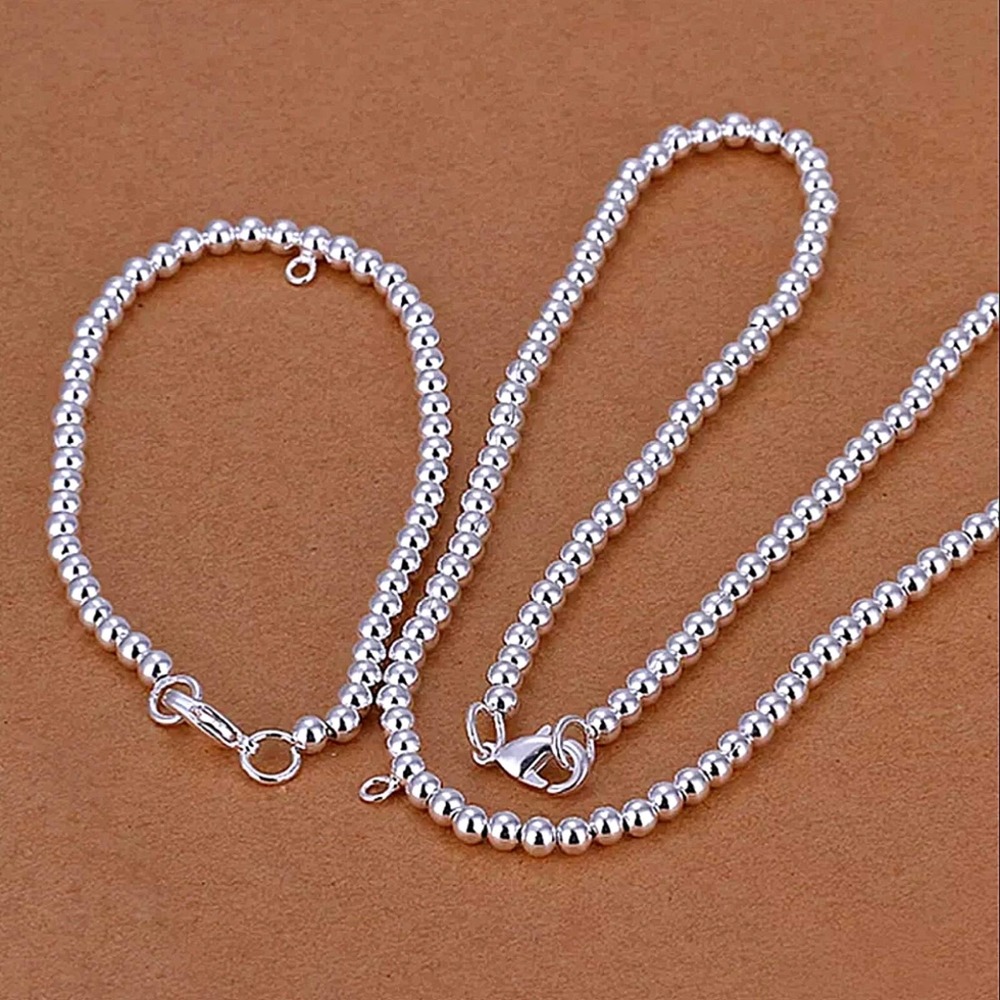 Beaded Ball Sterling Silver Necklace Matching Bracelet Set 4mm
